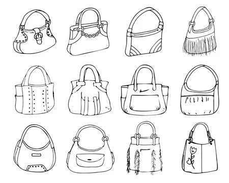 Collection of 12 vector illustrations of female bags  Stock Illustration