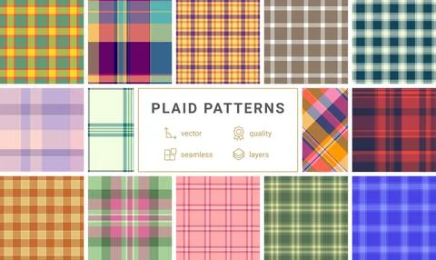 Collection of 12 vibrant plaid patterns.  Seamless vector designs in various  Stock Illustration