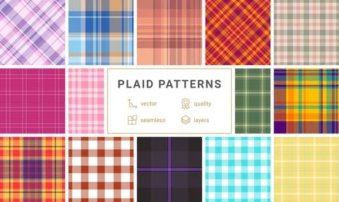 Collection of 12 vibrant plaid patterns. Seamless vector designs in various c Illustrazione stock