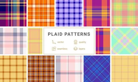 Collection of 12 vibrant plaid patterns.  Seamless vector designs in diverse  Illustrazione stock