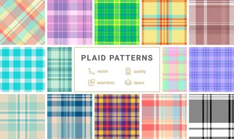 Collection of 12 vibrant plaid patterns.  Seamless vector designs in various  Stock Illustration