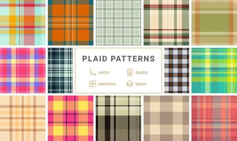 Collection of 12 vibrant plaid patterns.  Seamless vector designs in various  Illustrazione stock