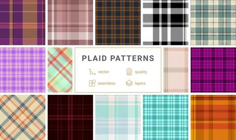 Collection of 12 vibrant plaid patterns.  Seamless vector designs in various  Stock Illustration