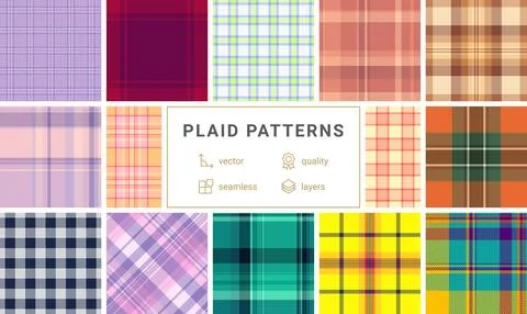 Collection of 12 vibrant plaid patterns. Seamless vector designs in various.. Illustrazione stock