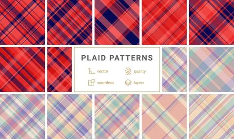 Collection of 12 vibrant plaid patterns. Seamless vector designs in red, blue Illustrazione stock