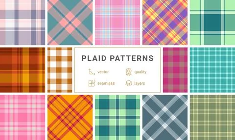 Collection of 12 vibrant plaid patterns.  Seamless vector designs ideal for t Stockillustratie