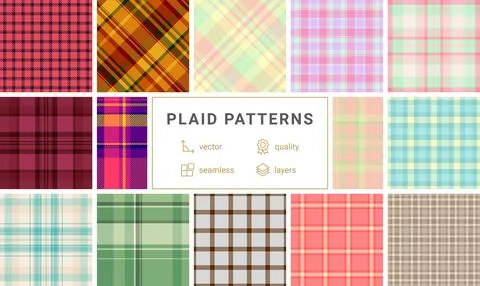 Collection of 12 vibrant plaid patterns.  Perfect for textile design, web bac Illustrazione stock