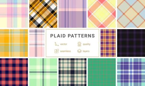 Collection of 12 vibrant plaid patterns.  Seamless vector designs in various  イラスト素材