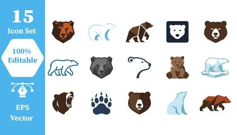 Collection of 15 bear icons featuring various species and poses, wildlife Stock Illustration