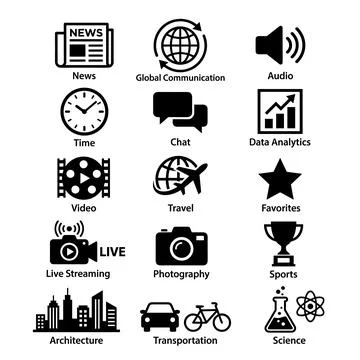 Collection of 15 black vector icons representing news, global communication.. Stock Illustration