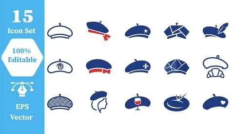 Collection of 15 blue beret hat icons representing french style and fashion Stock Illustration