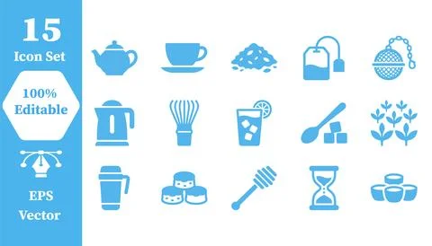 Collection of 15 blue tea and beverage preparation icons with beverage, ste.. Stock Illustration