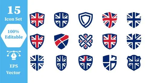 Collection of 15 british shield and flag emblem icons with collection, nation Stock Illustration