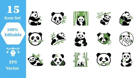 Collection of 15 panda bear vector icons with wildlife collection illustratio Stock Illustration