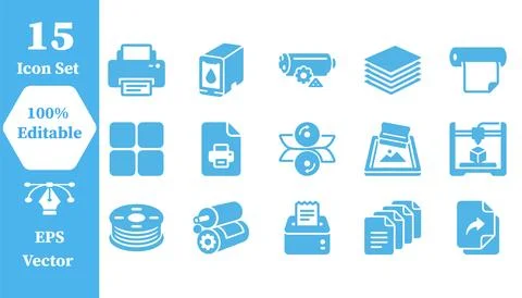Collection of 15 printing and document processing flat icons with printing Illustrazione stock