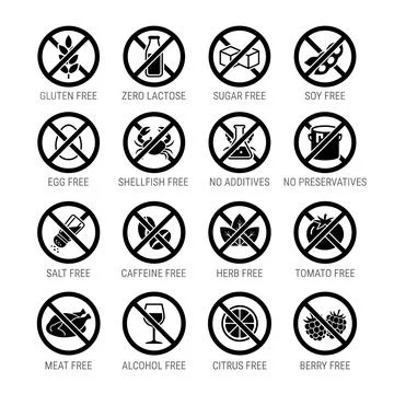 Collection of 16 black and white prohibition icons for food and drink label.. Stock Illustration