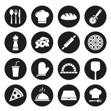 Collection of 16 black and white icons representing food and cooking elemen.. Иллюстрация