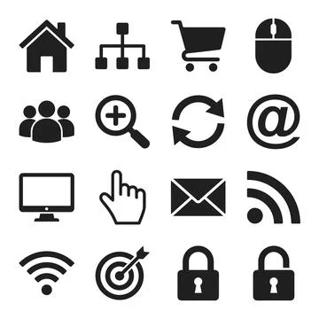 Collection of 16 black flat icons representing internet, technology, and bu.. Stock Illustration