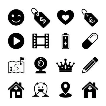 Collection of 16 black simple flat icons for web and mobile applications, i.. Stock Illustration