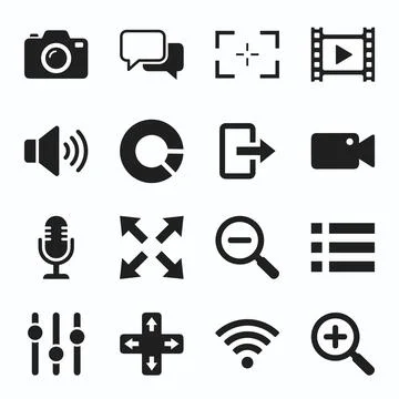 Collection of 16 black simple flat icons representing camera, chat, focus, .. 库存插图