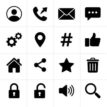 Collection of 16 black simple flat icons for user interface design, includi.. Stock Illustration