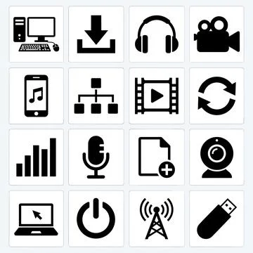 Collection of 16 black technology and media icons including computer, downl.. Stock Illustration
