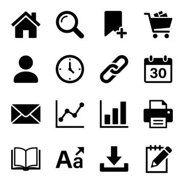 Collection of 16 black universal flat icons for web and mobile applications.. Stock Illustration