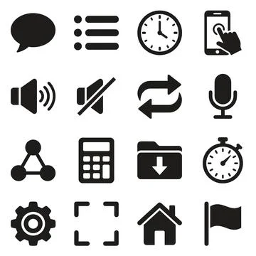 Collection of 16 black vector interface icons including speech bubble, menu.. Stock Illustration