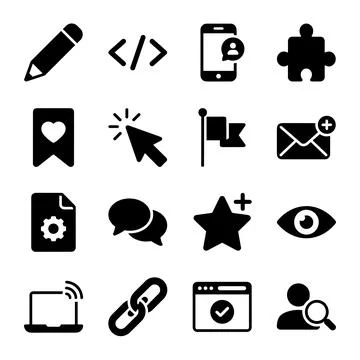 Collection of 16 black vector interface icons including pencil, code, mobil.. Stock Illustration