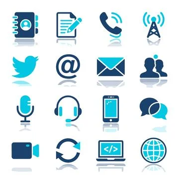 Collection of 16 communication and technology icons including phone, email,.. Stock Illustration