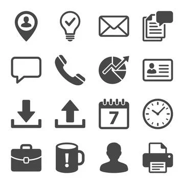 Collection of 16 dark gray business and office icons including location, li.. Stock Illustration