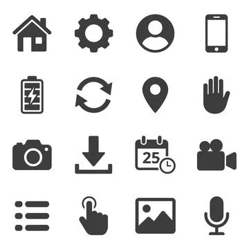 Collection of 16 dark gray flat UI icons for web and mobile apps: home, gea.. Illustrazione stock