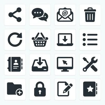 Collection of 16 dark gray flat icons on white squares, representing digita.. Stock Illustration