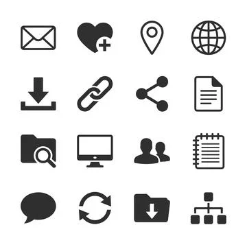 Collection of 16 dark gray flat icons for web and mobile applications, incl.. Stock Illustration