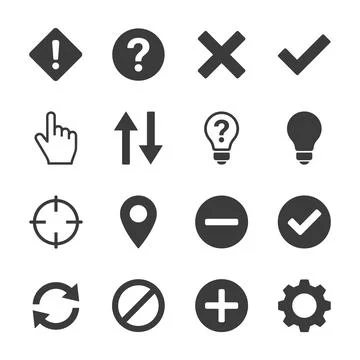 Collection of 16 dark gray flat icons for web and UI design, including warn.. Stock Illustration