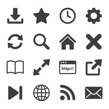 Collection of 16 dark gray flat icons for web and app design including down.. Ilustração Stock
