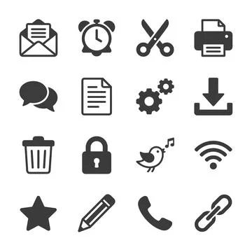 Collection of 16 dark gray flat icons for web and app design, including ema.. Stock Illustration