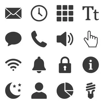 Collection of 16 dark gray flat icons for digital interface, including emai.. Stock Illustration