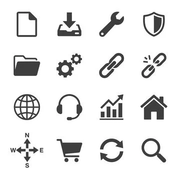 Collection of 16 dark gray flat vector icons for web design, including docu.. Illustrazione stock