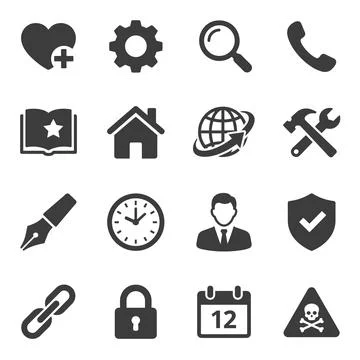 Collection of 16 dark grey flat icons representing common digital interface.. Ilustração Stock