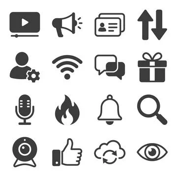 Collection of 16 dark grey flat icons representing digital communication, s.. Ilustração Stock