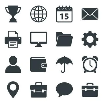 Collection of 16 dark grey flat icons representing business, communication,.. Stock Illustration