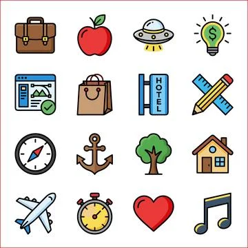 Collection of 16 Diverse Flat Design Icons Representing Various Concepts. Иллюстрация