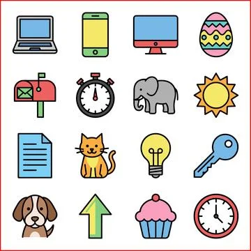Collection of 16 Diverse Flat Design Icons Representing Everyday Objects an.. Illustrazione stock