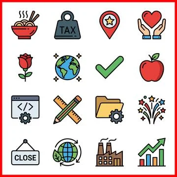 Collection of 16 diverse flat design icons representing business, technolog.. Иллюстрация