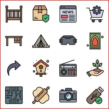 Collection of 16 Diverse Flat Icons Representing Various Concepts. Stock Illustration