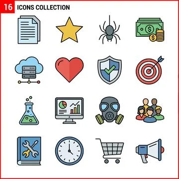 Collection of 16 Diverse Flat Icons for Business and Technology. 스톡 일러스트