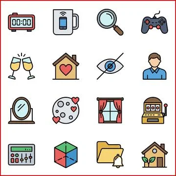 Collection of 16 Diverse Flat Icons Representing Various Concepts. Illustrazione stock