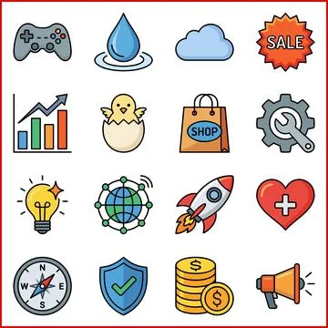 Collection of 16 Diverse Flat Icons Representing Business, Technology, and .. Illustrazione stock