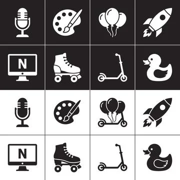 Collection of 16 diverse flat vector icons in a 4x4 grid, featuring microph.. Stock Illustration